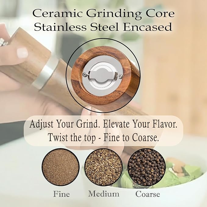 Premium Acacia Wood Salt & Pepper Grinder Set, 8-Inch Manual Mills with Adjustable Coarseness, Ceramic Core, Matching Tray, Spoon & Cleaning Brush – 2 Pack - Image 4