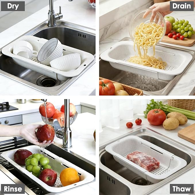 Over the Sink Colander Strainer Basket, Extendable Colander and Strainer for Kitchen, Wash Vegetables and Fruits, Drain Pasta and Dry Dishes, Adjustable Colander from 13.5In to 18.7In, White