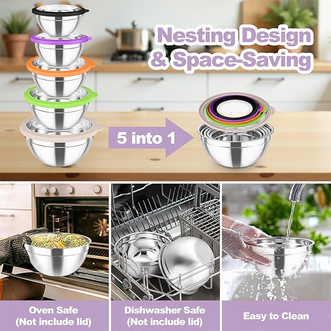 TeamFar Mixing Bowl Set, 4.5/3/1.5/1/0.7 QT Stainless Steel Nesting Salad Bowls with Visible Lids, For Serving/Mixing/Storing, Non-Toxic & Heavy Duty, Airtight & Easy Clean, Multi-Color, Set of 5 - Image 7