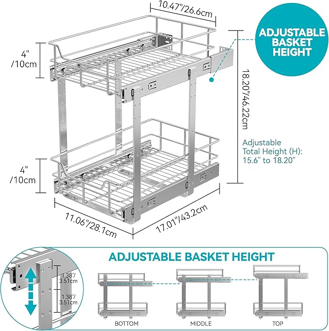 2 Tier Pull Out Cabinet Organizer 11" W X 17" D, Slide Out Drawers for Kitchen Cabinets, Pull Out Drawers for Cabinets Capacity Heavy Duty Caddy, Cabinet Pullout Shelves Chrome-Plated,Bathroom Pantry - Image 2