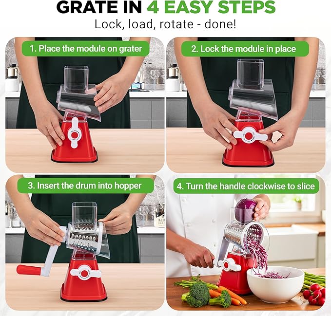 Nutrichef 3 in 1 Cheese Grater & Shredder | Strong Suction Base, Rotary Handle with Safety Lock | Includes Hand Crank & 3 Drum Blades for 3 Textures, Fine, Medium & Strips | Red - Image 2