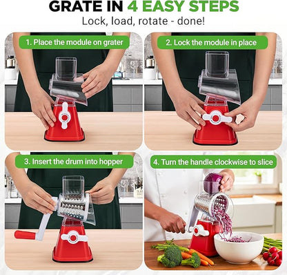 Nutrichef 3 in 1 Cheese Grater & Shredder | Strong Suction Base, Rotary Handle with Safety Lock | Includes Hand Crank & 3 Drum Blades for 3 Textures, Fine, Medium & Strips | Red - Image 2