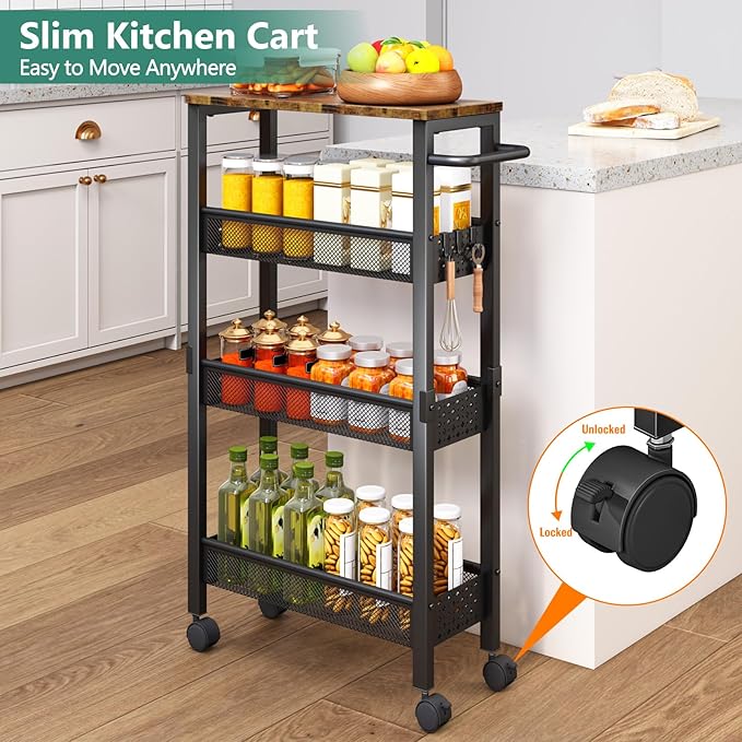 Vivihomety Utility Slim Storage Cart with Wheels, 4 Tier Small Rolling Cart with Wood Top, Metal Kitchen Bathroom Laundry Room Organization Trolley with Handle for Narrow Space – Black - Image 7