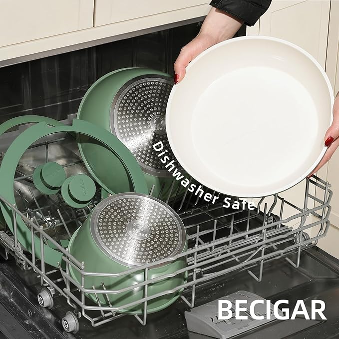 BECIGAR 23pcs Ceramic Pots and Pans Set, Nonstick Detachable Handle Cookware, Induction Kitchen Cooking Set with Removable Handle,include Frying Pans & Saucepans Oven Safe(Green) - Image 6