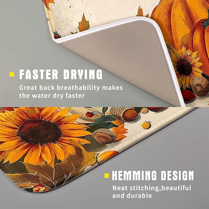 Happy Thanksgiving Day Harvest Dish Drying Mat for Kitchen Counter,Sunflower Maple Leaves Pumpkin Drying Mat 16 x 18 Inch with Absorbent Reversible Microfiber Dish Drying Pad for Coffee Bar - Image 3