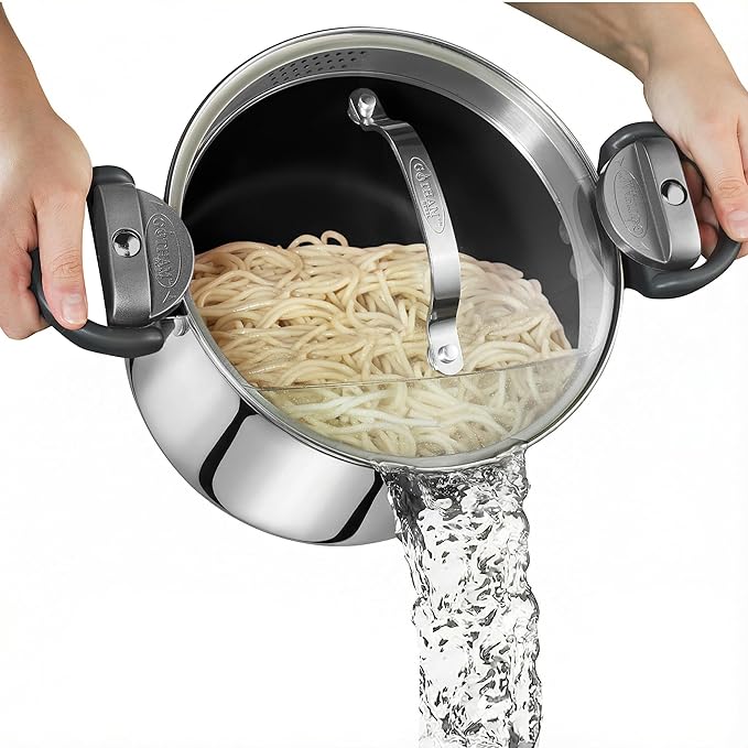 GOTHAM STEEL 5 Qt Stainless Steel Stock Pot Multipurpose Pasta Pot with Strainer Lid & Twist and Lock Handles, for Soup, Spaghetti, Rice, Induction Ready, Dishwasher Safe by GothamSteel