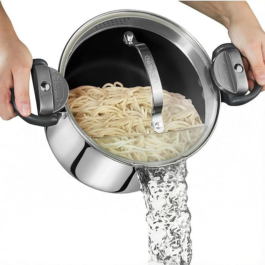 GOTHAM STEEL 5 Qt Stainless Steel Stock Pot Multipurpose Pasta Pot with Strainer Lid & Twist and Lock Handles, for Soup, Spaghetti, Rice, Induction Ready, Dishwasher Safe by GothamSteel