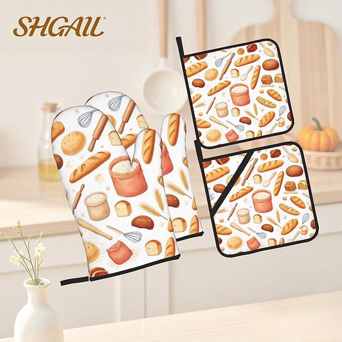 Kitchen Bread Oven Mitts with Matching Potholders - Heat Resistant Kitchen Accessories for Baking, Grilling, Cooking, Gifts for Women