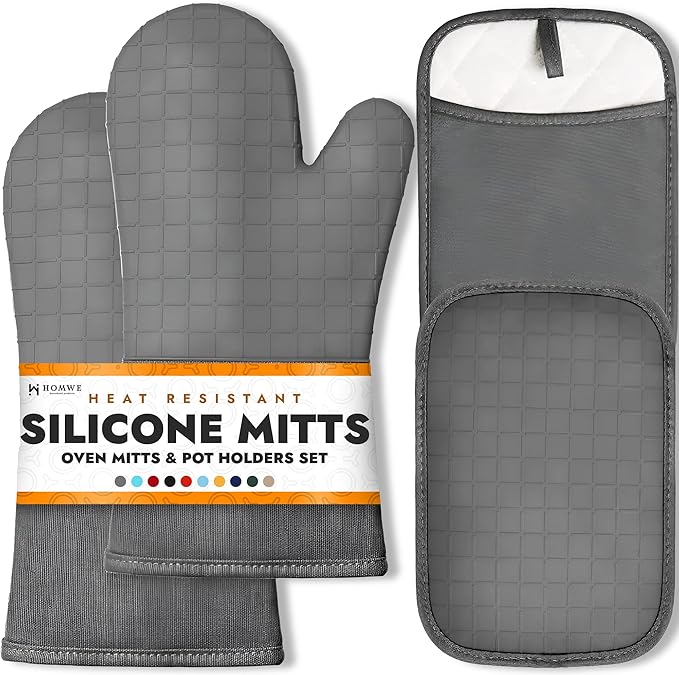 BPA-Free Soft Silicone 4 Piece Oven Mitts & Pot Holders Set - Ultra Heat Resistant Oven Mitts with Thick Cotton Liner - Long Slip Resistant Pot Holders, Flexible Oven Gloves - Gray by HOMWE