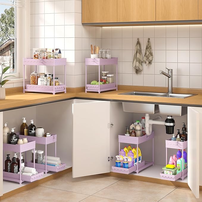 Sevenblue 3 Pack Under Sink Organizers, 2-Tier Multi-Use Kitchen and Bathroom Organizers and Storage with Sliding Drawers, Bathroom Cabinet Organizer (Pink, 12.8 Inch) - Image 3