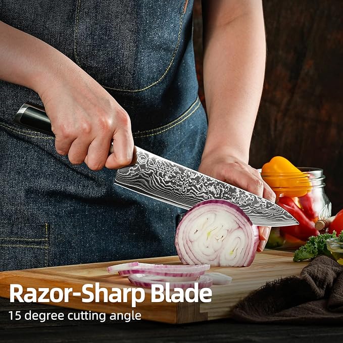 Sunnecko 8 Inch Japanese Damascus Chef Knife - Ultra Sharp 10-12 Degree Edge VG10 67 Layers Kitchen Cooking Knife for Meat, Vegetable & Fruit, Full Tang Professional Forged Blade, Premium Gift Box - Image 2