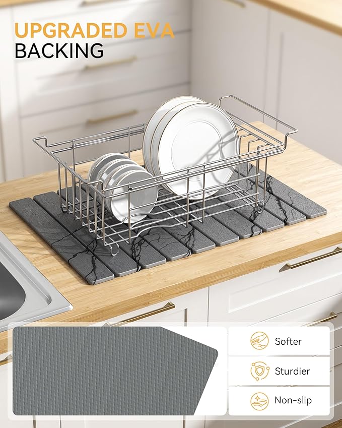 Yofidra Large Stone Dish Drying Mat for Kitchen Counter, Quick Dry Stone Mats with Absorbent Diatomaceous Earth, Foldable Roll Up Drying Organizer Pad for Utensils Plate, 24"×16", Dark Gray Marble - Image 3