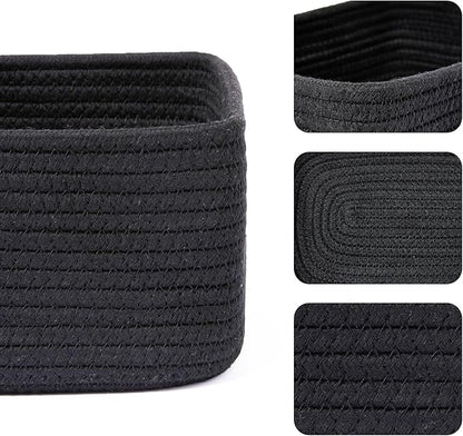 MiniArk Small Storage Baskets for Organizing | Closet Organizer Bins | Shelf Toy Basket | Woven Rope Baskets | Cube Decorative Box | Shallow Basket | 11.5x7.5x4.7” | 4 Packs Black