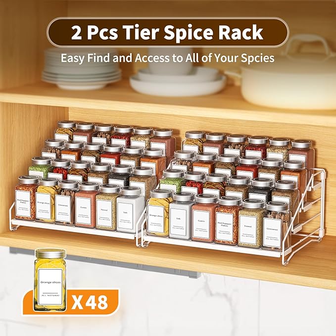BOIVSHI Spice Organization for Cabinet, Spice Rack Organizer, Spice Rack Organizer for Cabinet, Depth Adjustable Seasoning Organzier Organizer for Cabinet, Countertop, Pantry, Metal, White (2 Pack) - Image 6
