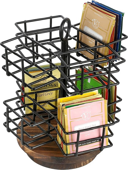 MyGift 8 Compartment Tea Bag Organizer Carousel, Black Metal Wire Packet Holder and 360 Degree Spinning Burnt Solid Wood Base, Coffee Station Storage Caddy