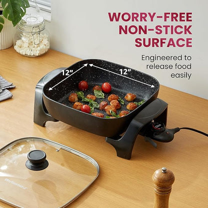 Elite Gourmet EG6201 Extra Deep 12"x12"x3.2" (7.5Qt.) Scratch Resistant Dishwasher Safe, Non-stick Electric Skillet with Glass Vented Lid, Adjustable Temperature, Black - Image 4