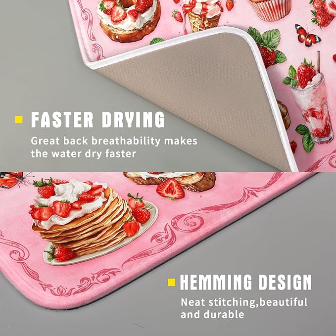 Pink Strawberry Dish Drying Mat for Kitchen Counter Washable Absorbent Dish Draining Mat 16×18in - Image 3
