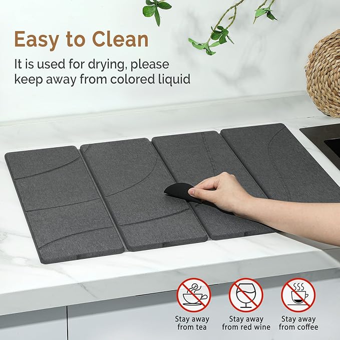 Large Stone Dish Drying Mat for Kitchen Counter, 2 PCS Quick Dry Stone Mats, Foldable Water Absorbing Diatomaceous Earth Drying Dishes Pad for Countertop Bottle Utensil Cup(Carved Gray 24"x16"&8"x4") - Image 5