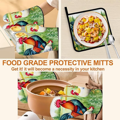 Oven Mitts and Hot Pads Set - Farmhouse Rooster Design, Heat Resistant Cute Pot Holders for Kitchen, Baking Gifts for Women