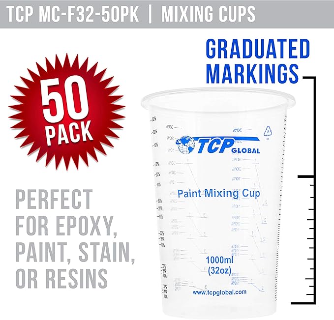 TCP Global 32 oz. (1000ml) Graduated Plastic Mixing Cups (Box of 50) - Disposable Plastic Measuring Cups for Liquids, Paints, Resin, Epoxy, Art, Kitchen - Ratios 2-1, 3-1, 4-1 ML - Image 2