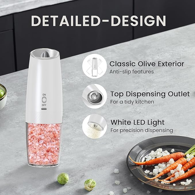 Rechargeable Salt And Pepper Grinder Set with LED Light, Automatic Electric Gravity Salt And Pepper Shakers Set, No Battery Needed, Adjustable Roughness, 2 Pack (Black&White) - Image 5