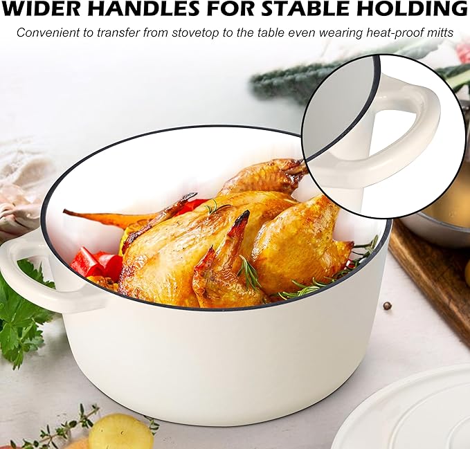 TeamFar 5Qt Dutch Oven, Enameled Cast Iron Dutch Oven with Lid & Dual Handles for Cooking Baking Braising Simmering, Healthy & Sturdy, Oven & Various Stovetops Safe, Non-stick & Easy Clean - Cream White - Image 3