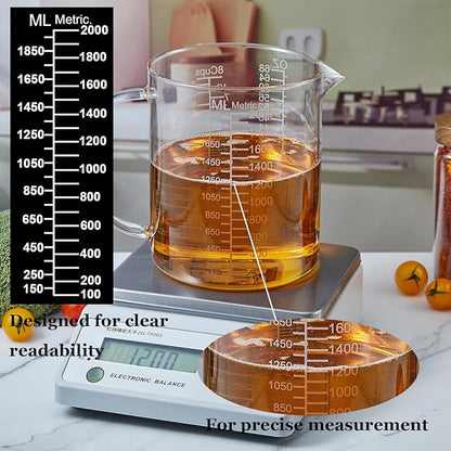 Ackers BORO3.3 Borosilicate Glass Measuring Cup with Insulated Handle, V-Shaped Spout, Clear, 2000ml/64oz Capacity, Etched Graduation, Easy to Read - Image 3