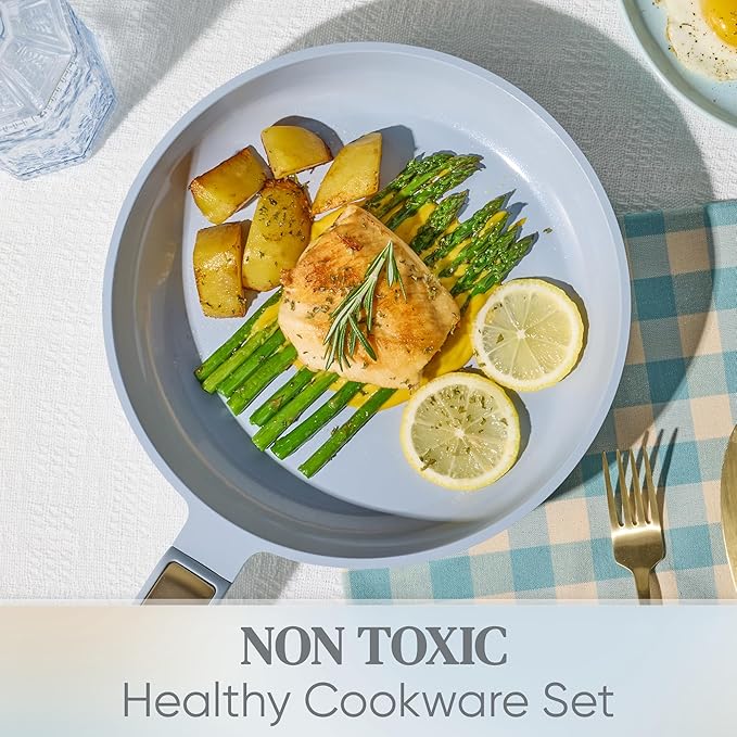 CAROTE Ceramic Cookware Set Nonstick, 14pcs Pots and Pans Set Nonstick, Non-Toxic & PFAS-Free, Dishwasher, RV/Camping Cookware Set, Cooking Pots with Lids, Pastel Blue - Image 4