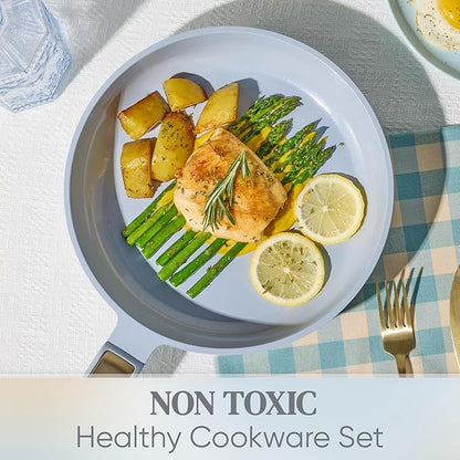 CAROTE Ceramic Cookware Set Nonstick, 14pcs Pots and Pans Set Nonstick, Non-Toxic & PFAS-Free, Dishwasher, RV/Camping Cookware Set, Cooking Pots with Lids, Pastel Blue - Image 4