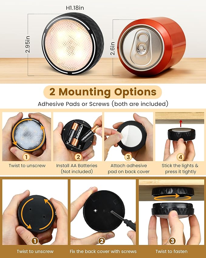 Puck Lights with Remote, Battery Operated LED Under Cabinet Lighting with Timer, Warm White & RGB Color Changing Stick on Tap Push Light for Kitchen Counter, Shelf, Display Case, 2 Pack, Black