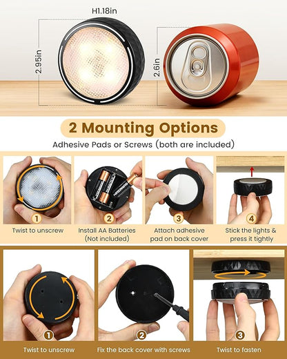 Puck Lights with Remote, Battery Operated LED Under Cabinet Lighting with Timer, Warm White & RGB Color Changing Stick on Tap Push Light for Kitchen Counter, Shelf, Display Case, 2 Pack, Black