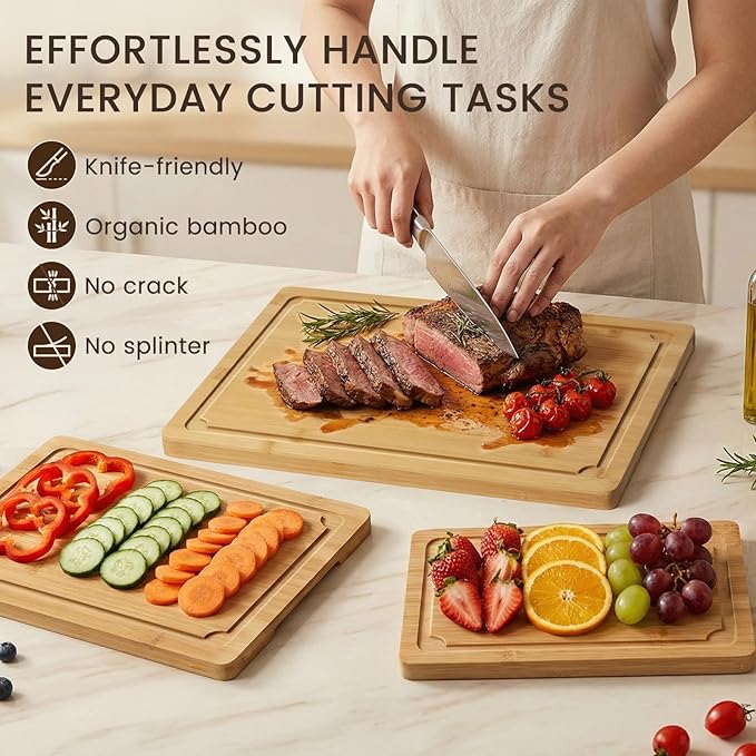 Extra Large Cutting Board Set of 3, Bamboo Cutting Boards for Kitchen with Juice Groove and Handles Kitchen Chopping Board for Meat Cheese board Heavy Duty Serving Tray, Empune - Image 4