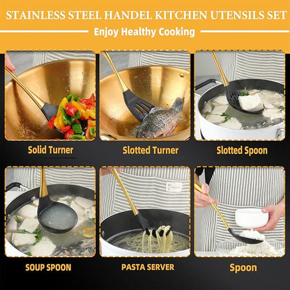 Kitchen Utensils Set, Large Non-stick Silicone Cooking Utensils Set 6 Pcs,Made of 446°F Heat Resistant Food Grade Silicone and Stainless Steel Handles,Easy to Clean Kitchen Gadgets Set (Gold)