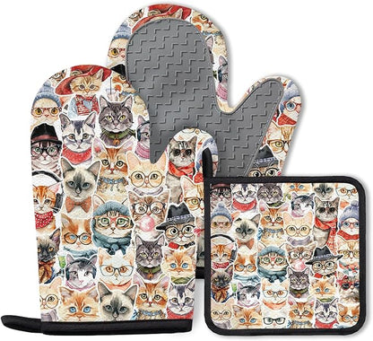 Cute Cat Oven Mitts and Pot Holders Sets 3PCS, Cat Silicone Heat Resistant Oven Mitts Birthday for Cats Lover, Funny Cats Heat Resistant Non-Slip Oven Gloves for Mom Wife Sister BFF