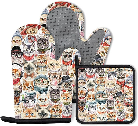 Cute Cat Oven Mitts and Pot Holders Sets 3PCS, Cat Silicone Heat Resistant Oven Mitts Birthday for Cats Lover, Funny Cats Heat Resistant Non-Slip Oven Gloves for Mom Wife Sister BFF