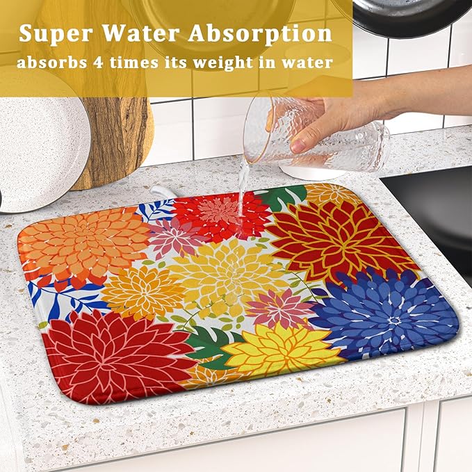 Modern Floral Dish Drying Mat 16x18 in Multicolored Tropical Drying Pad for Kitchen Counter - Image 7