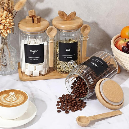 Suclain 3 Pcs Glass Coffee Container with Bamboo Color Lid & Spoon, 25 oz Airtight Glass Jar with Wooden Shelf, Food Storage Containers Coffee Jar Tea Container(Bamboo Color) - Image 5