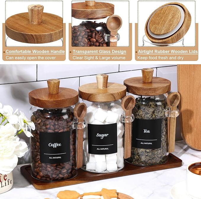 Suclain 3 Pcs Glass Coffee Container with Wooden Lid Spoon Shelf Labels Clear Airtight Jar Food Storage Canister Set for Sugar Spice Coffee Bean Holder Housewarming Gift(25 oz,Acacia Brown) - Image 3