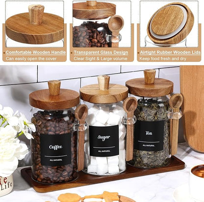 Suclain 3 Pcs Glass Coffee Container with Wooden Lid Spoon Shelf Labels Clear Airtight Jar Food Storage Canister Set for Sugar Spice Coffee Bean Holder Housewarming Gift(25 oz,Acacia Brown) - Image 3