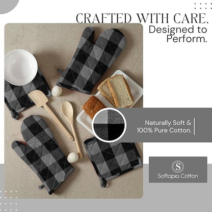 Buffalo Plaid Check Oven Mitts and Pot Holders Set, 100% Cotton, Heat Resistant, 2 Oven Gloves (7x13 Inches) & 2 Hot Pads (8x8 Inches) for Cooking and Baking, Light Grey & Black White