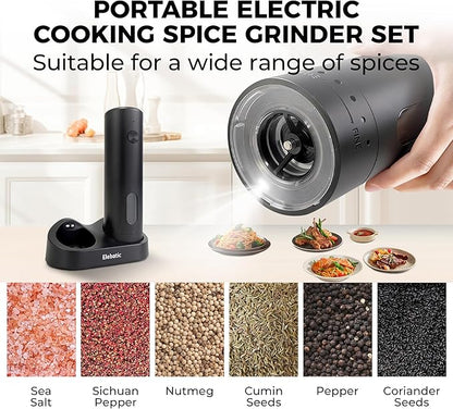 110ml Electric Salt and Pepper Grinder Set, Rechargeable salt and pepper shakers with LED Light, 2-Pack with Charging Base, External 6 Adjustable Coarseness, Holiday Gifts