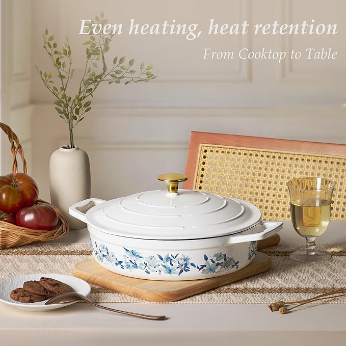 CAROTE 3.5QT Shallow Dutch Oven Enameled Cast Iron Braiser, White & Blue - Image 7