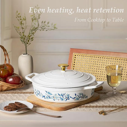 CAROTE 3.5QT Shallow Dutch Oven Enameled Cast Iron Braiser, White & Blue - Image 7