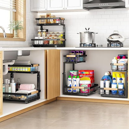 PXRACK Under Sink Organizer, Adjustable Height, 2 Tier Pull Out Under Cabinet Organizer, Slide Out Thickened Metal Under Sink Storage for Kitchen Bathroom Laundry Pantry Cabinet, Black, Large-2-Pack - Image 8