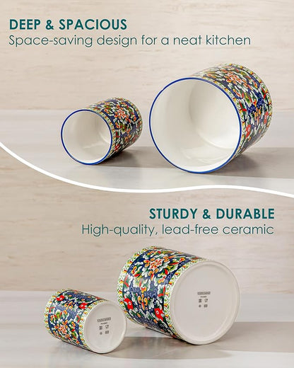vancasso SIMI Utensil Holder, 7.3"+5.5" Porcelain Kitchen Utensil Holder for Countertop, Bohemian Kitchen Utensil Organizer for Spatulas, Spoons, Decorative Counter Utensil Crock, Verdant Jewel