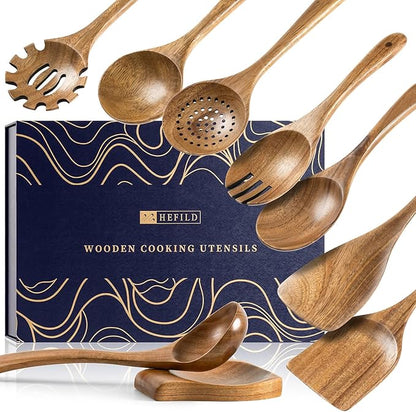 Wooden Spoons for Cooking, Nonstick Cooking Utensil Set with 8 Piece Acacia Wooden Spatulas and Spoons, as well as a Extra Whole Wood Spoon Rest, Terrific for Everyday Kitchen Tasks by HEFILD