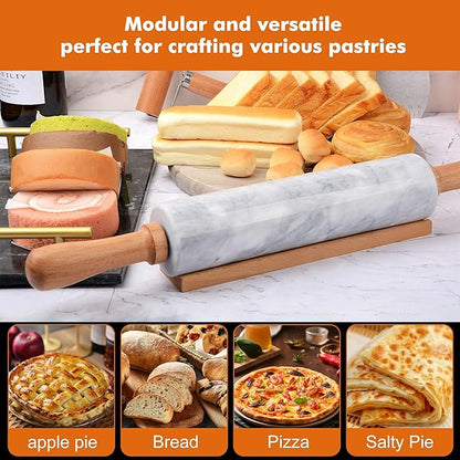 18.5 inches Marble Rolling Pin,Large Non-Stick Dough Roller,for making pizza, cookies,pie crusts, and pasta.with Silicone Pastry Mat,Stainless Steel Scraper,and Small Wooden Roller Pin(White)
