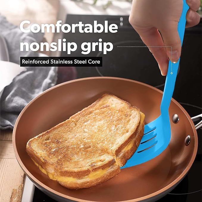 New DI ORO Silicone Turner Spatula Set - Kitchen Spatulas for Nonstick Cookware - Cooking Utensils for Flipping Eggs & Pancakes - 600°F Heat-Resistant BPA Free Turners - Dishwasher Safe (4pc, Blue) - Image 4