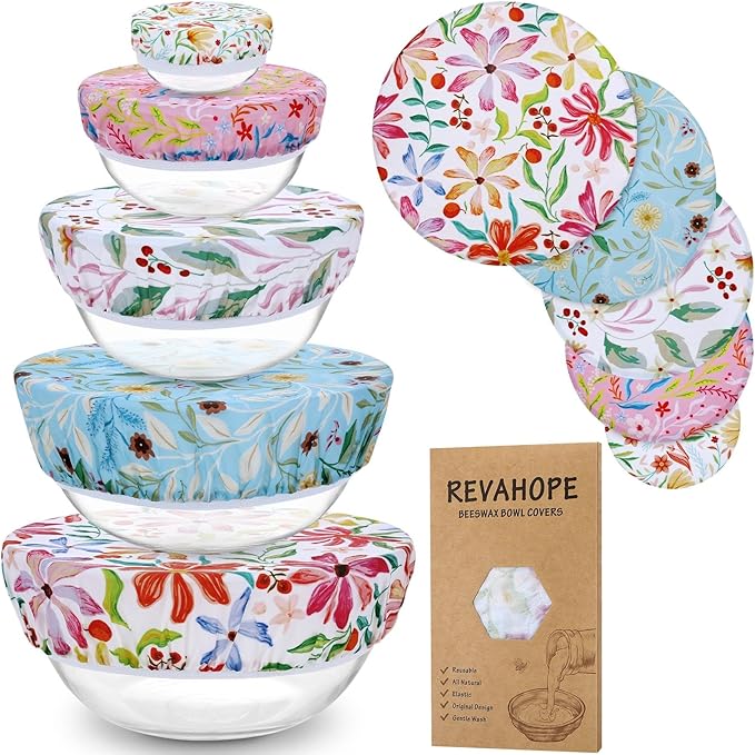 5-Size Reusable Beeswax Bowl Covers for Bread Proofing, Cotton Cloth Flexible Beeswax Wraps for Food Storage(Rainbow Floral) by Revahope