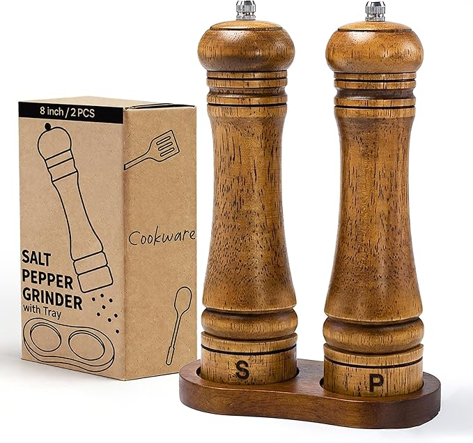 Wooden Salt and Pepper Grinder Set, Premium Oak Wood Salt Grinders Shakers, Pepper Mill with S and P Engraving, Adjustable Ceramic Grinder (8″ - 2 Packs with Tray) by MJINGMEI
